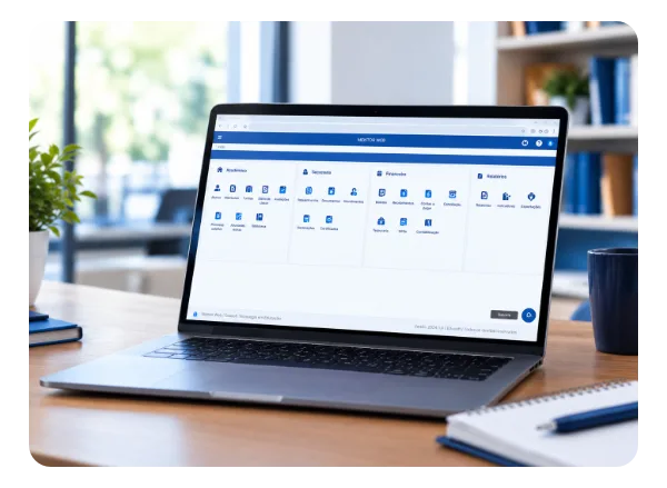 Painel do sistema Mentor Web em computador e celular