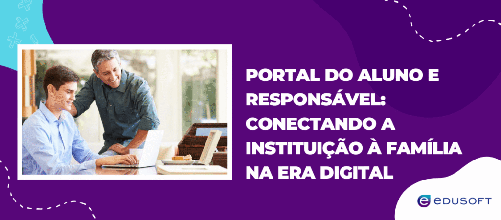 Pai e filho utilizando notebook juntos, representando a conexão entre escola e família através do portal do aluno e responsável na era digital.