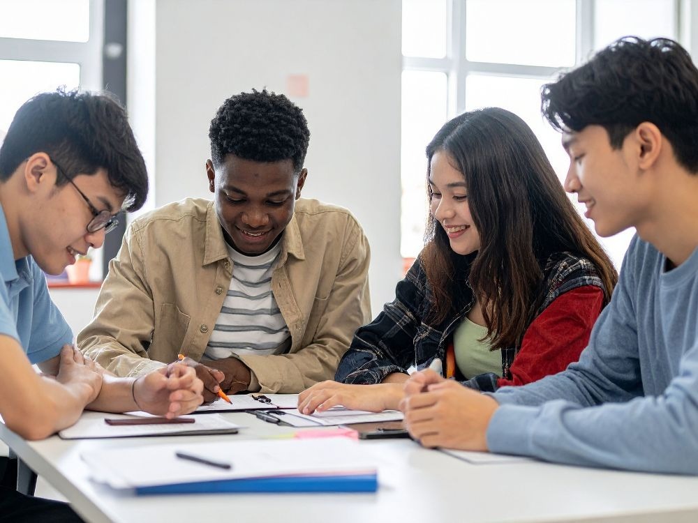Jovens reunidos em grupo de estudos, compartilhando ideias e aprimorando a experiência do aluno na educação colaborativa.
