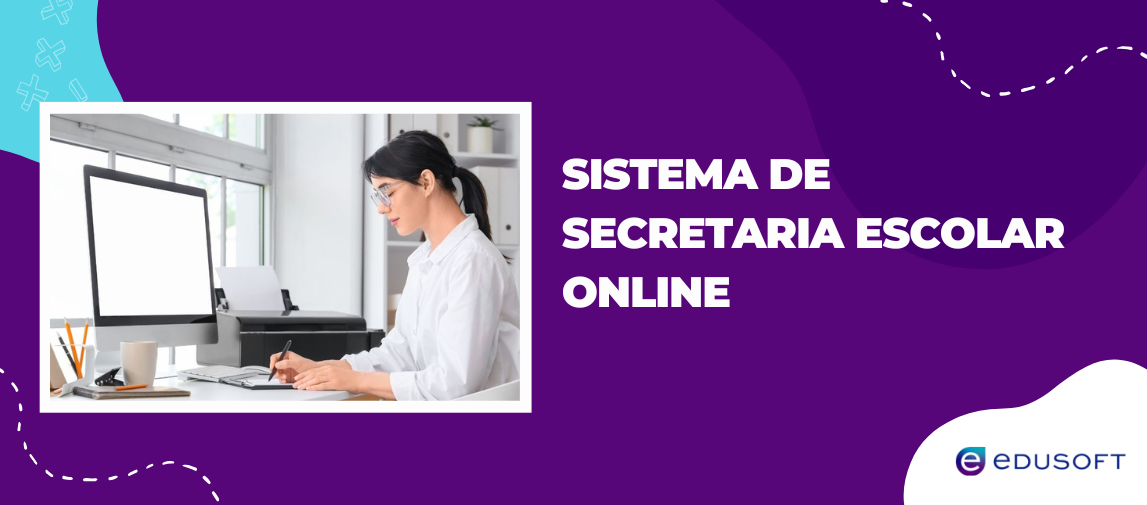 Profissional digitando no computador em ambiente de escritório, representando o uso de um sistema de secretaria escolar online moderno.