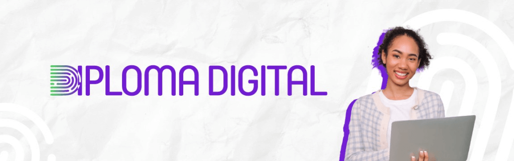 Arte informativa sobre diploma digital, com pessoa em ambiente acadêmico e notebook.